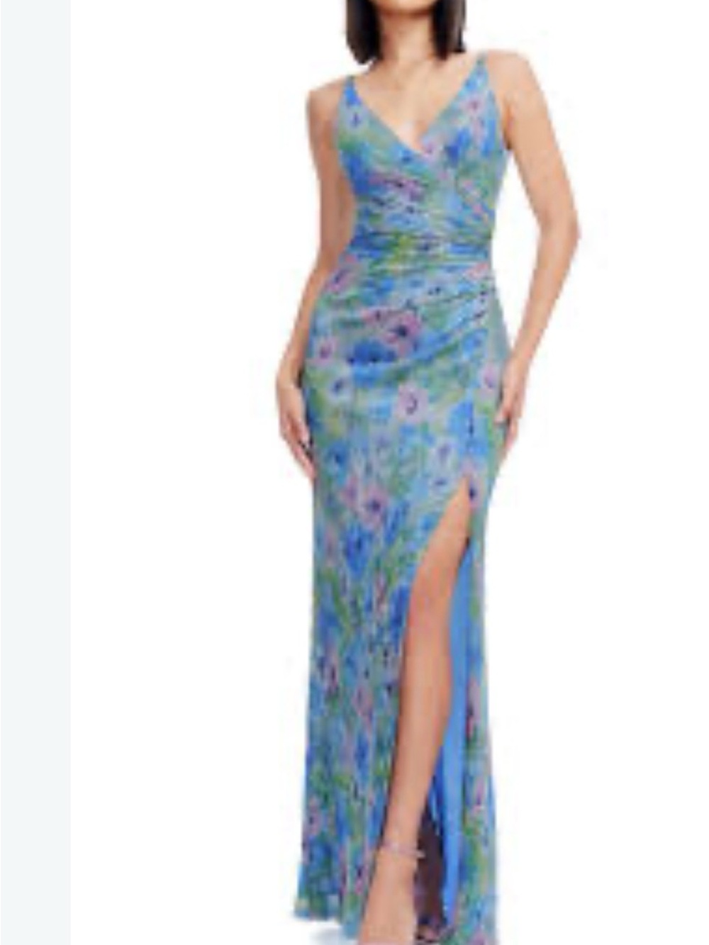 Dress The Population Blue Floral V-Neck Maxi Dress with Side Slit